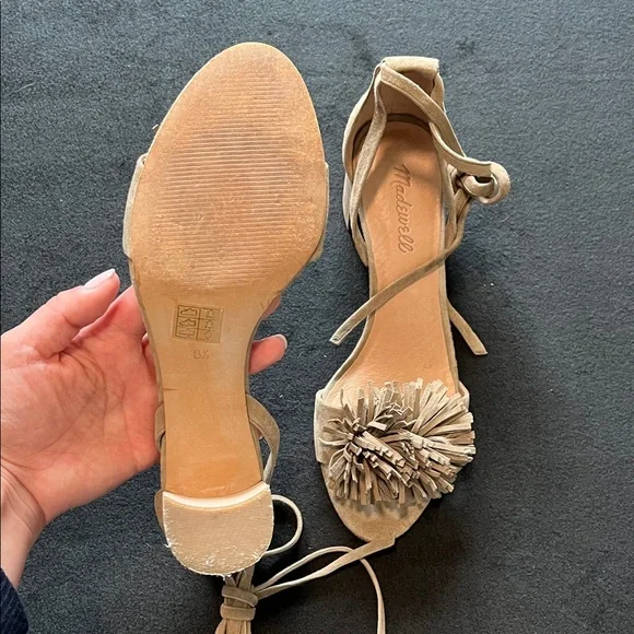 Madewell Lainy Suede Block Heel Sandal Size 8.5 Pom Pom Tie Ankle All Seasons - Picture 5 of 6